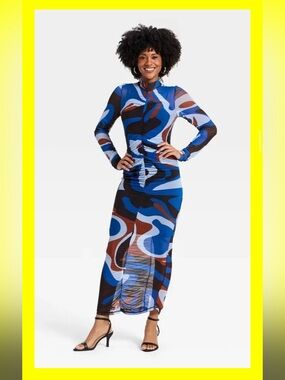 Monica Ahanon Abstract Blue & Brown Mesh Maxi Dress
